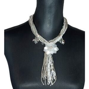 *SOLD*  White & Clear Frosted Glass Flower Multi-Strand Beaded Choker Necklace
